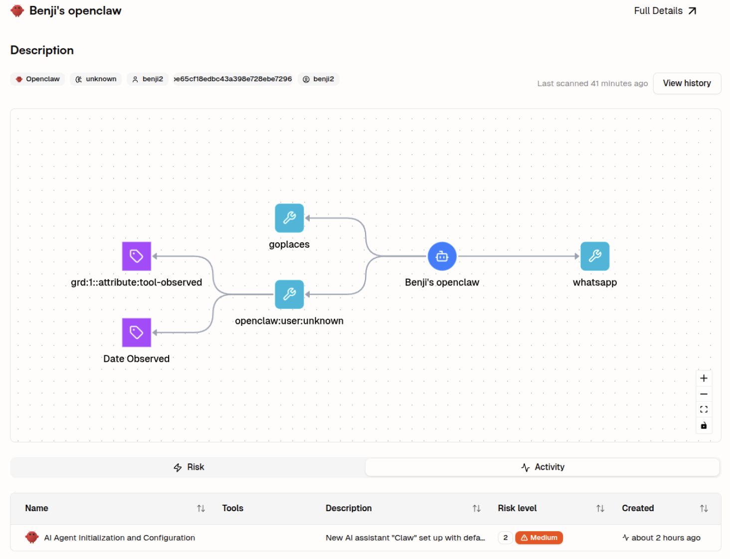 OpenClaw visibility within Geordie's agentic security platform