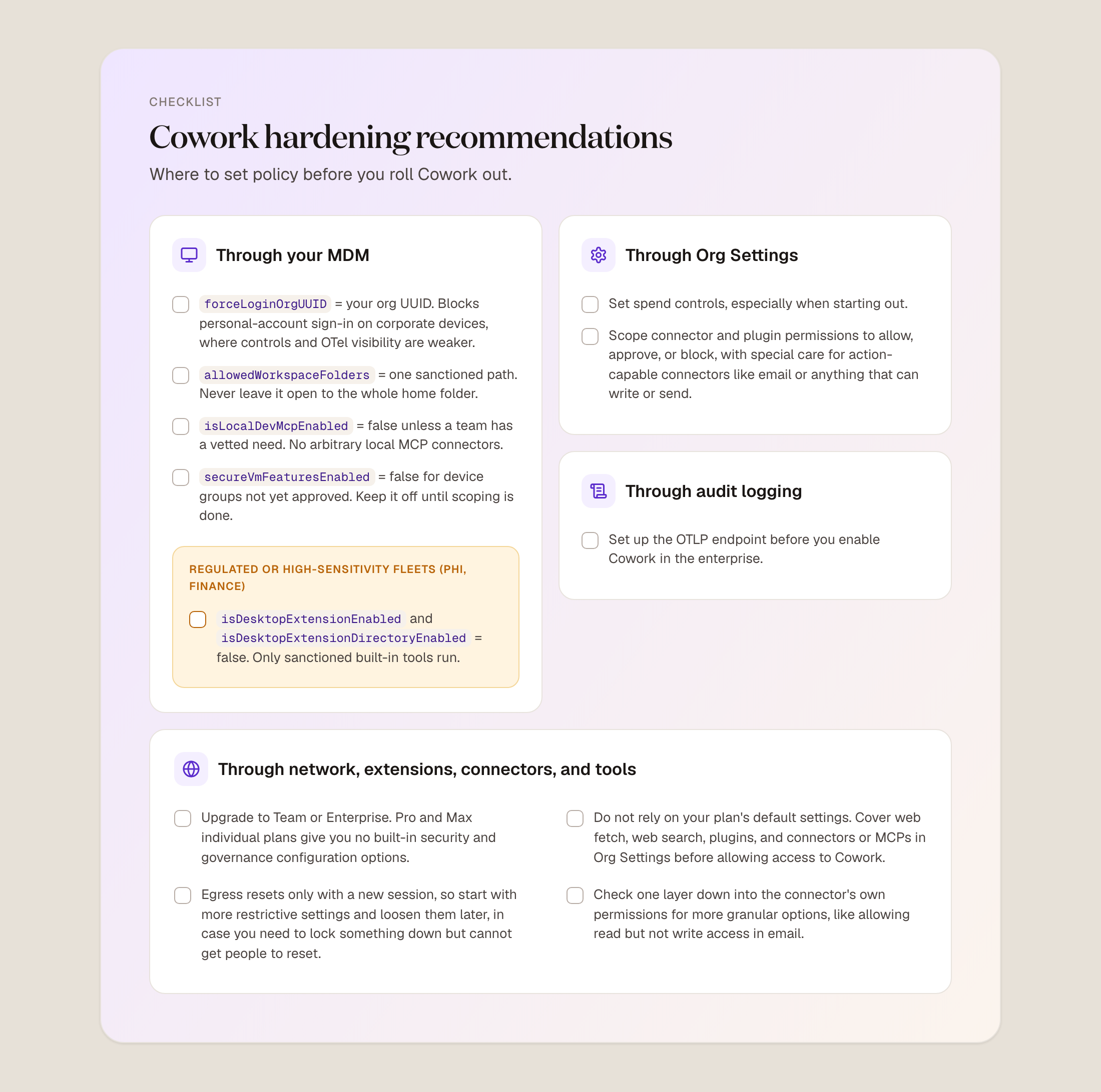 Cowork hardening recommendations checklist: where to set policy before you roll Cowork out